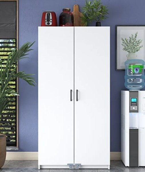 Revasser Mobilya ED600 Çok Amaçlı Dolap Tekerlekli İki Kapaklı Kiler Erzak Mutfak Dolabı Beyaz