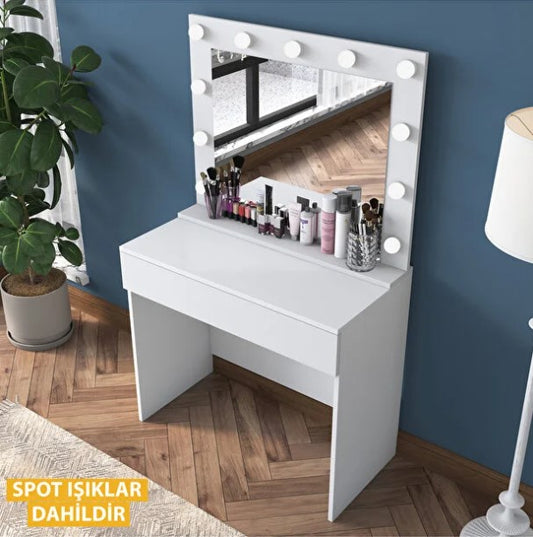 Revasser Mobilya  MJ210 Hollywood Işıklı Aynalı Kulis Makyaj Masası Takı Düzenleyici Beyaz