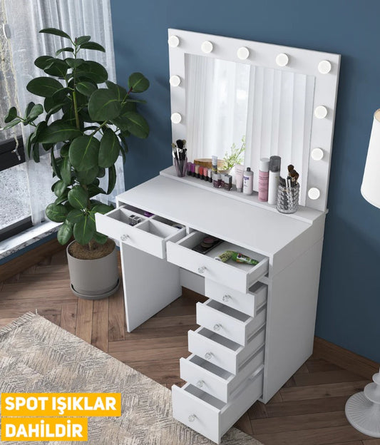 Revasser Mobilya MJ260 Hollywood Işıklı Aynalı Kulis Makyaj Masası 7 Çekmeceli Takı Düzenleyici Beyaz