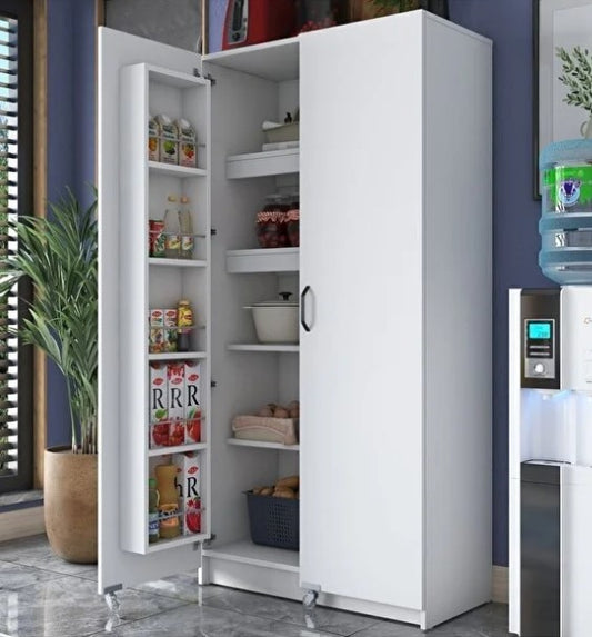 Revasser Mobilya ED600 Çok Amaçlı Dolap Tekerlekli İki Kapaklı Kiler Erzak Mutfak Dolabı Beyaz