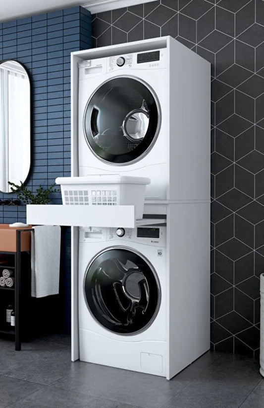 Revasser Mobilya KC150 Çamaşır Ve Kurutma Makinesi Dolabı Çekmeceli Banyo Dolabı Beyaz
